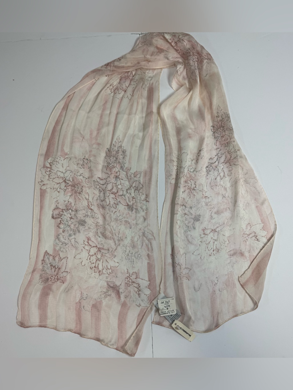 Vintage Liz Claiborne 100 Silk Pale Pink Floral Sheer Scarf Nwt